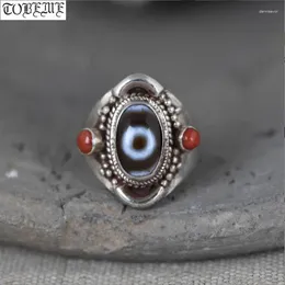 Cluster Rings Handmade Vintage 925 Silver Tibetan One-eye Agate DZI Ring Resizable