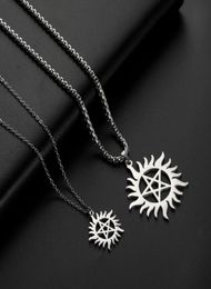 Skyrim Stainless Steel Shining Sun Pentagram Pendant Necklace Supernatural Dean Statement Box Chain Necklaces Jewellery Women Men Y01574709