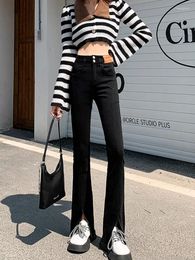 Women's Jeans 2024 Autumn And Winter Slim Fit Micro Flare Split High Waist Pants Elastic Leather Brand Black For Women