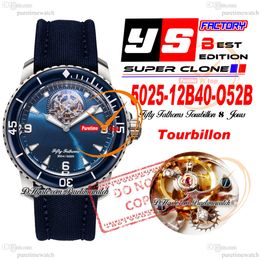 Fifty Fathoms Real Tourbillon 8 Jours Automatic Mens Watch YSF 5025-12B40-O52B Steel Case Blue Dial Sail-Canvas Strap Super Edition Reloj Hombre Montre Puretime