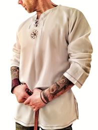 Knight Style Mens Ancient Viking Linen Shirt Mediaeval Cosplay Costume Men Long Sleeved Embroidery Retro T-shirt 240412