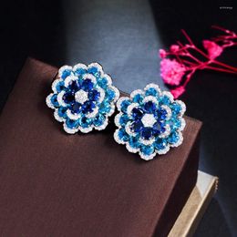 Stud Earrings ThreeGraces Beautiful Blue CZ Zircon Silver Colour Big Flower For Women Luxury Wedding Engagement Jewellery E1792