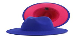 Fashion DoubleSided Blue with Pink Bottom Woollen Hat Men Women Wide Brim Panama Jazz Fedora Hats with Felt Band Patchwok Hat9853516