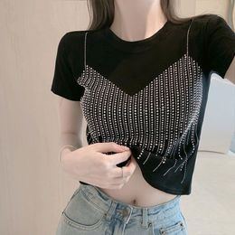 FAKE Tvådelar Kort ärm T-shirts kvinnor 2024 Sommarnisch Ny anlände O-Neck Solid Color Office Lady Tops Korean Stil Elegant mångsidig Short Sequinis Tees Kvinna