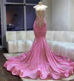 Party Dresses Crystal Spaghetti Pink Sequin Mermiad Prom Dress For Black Girl Valentine's Day Evening Wedding Gown Elegant