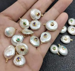Irregular Round Shape Inlaid CZ Natural White Pearl Beads Charms Pendant Fit Necklace Earrings Bracelet Woman Jewelry Making 240414