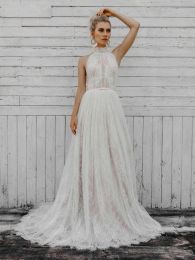 2024 Boho Lace Wedding Dresses Beach Bridal Gown High Neck Covered Buttons Illusion Back Sweep Train Sleeveless Custom Made Plus Size