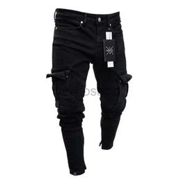 Men's Jeans Mens Stretch Black Big Side Pockets Cargo Fashion Zipper Small Foot Denim Pants Elastic Jogging Trousers Streetwear d240417