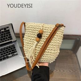 Totes YOUDEYISI Messenger Straw Women's Bag: Wooden Bead Flowing Su Woven Beach Bag Vacation Style One Shoulder
