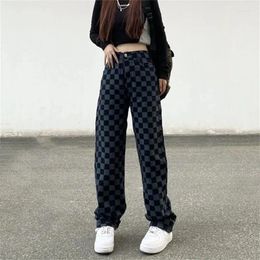 Women's Jeans Korea Style Colour Square Lattice Women Y2k High Waist Wide-leg Fashion Pants Spring And Summer Commuting Trousers