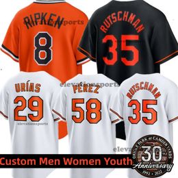 Custom 35 Adley Rutschman Baseball Jersey Men women Youth 8 Cal Ripken Jr. 29 Ramon Urias 58 Cionel Perez 45 Keegan Akin 53 Baumann 74 Bautista Baseball Jerseys