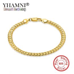 Cuff YHAMNI Men&Women Gold Bracelets With 18KStamp New Trendy Pure Gold Colour 5MM Wide Unique Snake Chain Bracelet Luxury Jewellery YS242
