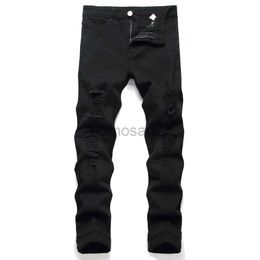 Men's Jeans Men Black Stretch Skinny Fit Pencil Trousers Knee Ripped Distressed Motorcycle Biker Pants For Mens d240417