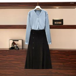 Work Dresses Elegant Knitted Two-piece Set For Women Blue Cardigan Tops And Black Skirt Large Size Female Spring Autumn Slim Matching Suits