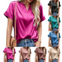 Women's T Shirts Temperament Solid Colour Satin Short Sleeve Top 2024 Spring And Summer Casual Commuter V Neck Shirt