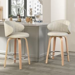 Modern Bar Stools Set of 2 Mid Century Bentwood Barstools Swivel Faux Leather Stools with Back for Kitchen Counter Restaurant, Beige