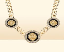 Hiphop Lion Head Choker Necklace Gold Color Statement Alloy Crystal Enamel Pendant Basketball Wives Chunky Chain Costume Jewelry 24047253