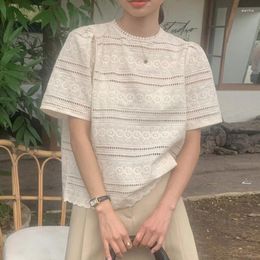 Women's Blouses Korean Chic Summer Vintage Harajuku O-neck Hollow Out Design Shirts Niche Short Sleeved Lace Shirt For Women Blouse
