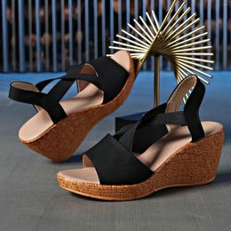 Sandals Platform Thick Soled Wedge For Women Large Size Fabric Elastic Straps One Line Comfortable Dressy