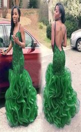 Burgundy Royal Blue Sexy Mermaid Prom Dress Long V Neck Spaghetti Lace Tulle Green Backless Evening Gowns Dresses with Ruffles Ski3356489