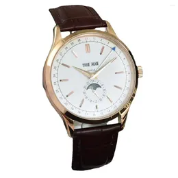 Wristwatches Luxury Mens Mechanical Watch Moon Phase Automatic Rose Gold Black Brown Leather Fashion Watches