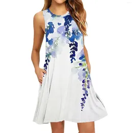 Casual Dresses Women's Fashion Beach Skirt Round Neck Sleeveless Print Dress Elegant Street Style Ropa De Mujer