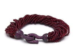 GuaiGuai Jewellery 20 Strands Natural Smooth Round Garnet Beads Bracelet Gunmetal Colour Plated Purple CZ Pave Clasp 85039039 3069983