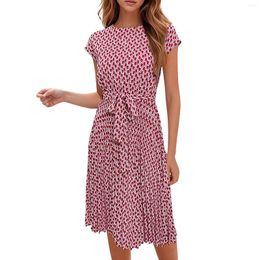 Casual Dresses Women'S Fashionable Printed Summer Dress Short Sleeve Sundress Pleated Beach And Simple