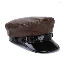 Ball Caps Flat Top Leather Hat For Men Fashionable Male Cowhide Patent Patchwork Korean Student British Trendy Thin Gorra