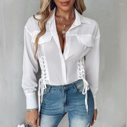 Women's T Shirts Elegant Lace-up Long Sleeve Buttoned Top Women Spring T-Shirts White Work Streetwear Y2k For Tops Casual Tees