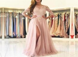 Blush Pink Lace Tulle Evening Dress Half Sleeve High Split A Line Long Formal Prom Gown 2019 Custom Made Formal Party Dresses751228877138