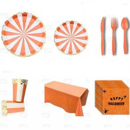 Disposable Dinnerware Material Halloween Theme Orange Striped Creative Birthday Party Layout Tableware Supplies Decor