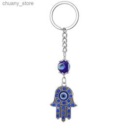 Keychains Lanyards Zircon Blue Evil Eye Hamsa Hand Keychain Key Ring Women Men Turkish Lucky Eye Bead Fatima Hand Bag Car Phone Accessories Jewelry Y240417