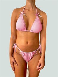 Women's Swimwear CHRONSTYLE Women 2 Pieces Bikinis Set Halter Tie Up Bikini Tops 3D Bow Shorts Solid Colour Bathing Suit Beachwear