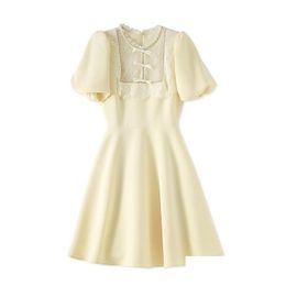 Basic Casual Dresses 2023 Summer Apricot Solid Colour Ribbon Tie Bowknot Lace Dress Short Sleeve Round Neck Knee-Length W3L045901 Drop Otinj