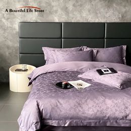 Egyptian Cotton Satin Jacquard Bedding Set Luxury Soft Silky Elegant Purple Flowers Duvet Cover Bed Sheet Pillowcases 240417