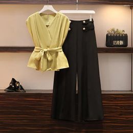 Women's Two Piece Pants Summer Two-piece Set For Women V Neck Bandage Blouse Tops And Wide Leg Female Large Size Elegant Black White