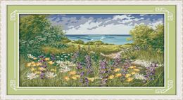 Cliffside path seaside scenery home decor painting Handmade Cross Stitch Embroidery Needlework sets counted print on canvas DMC 15776376