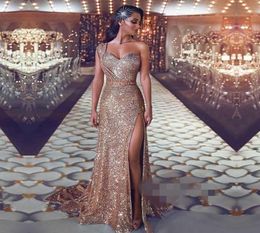 Dubai Sparkly Sequined Mermaid Evening Dresses 2019 One Shoulder HighThigh Slits Sweep Train Special Occasion Dress vestidos de f1843577