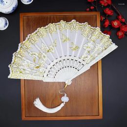 Decorative Figurines Bright Colored Fan With Tassels Elegant Chinese Silk Floral Butterfly Folding For Weddings Parties Dances Luxury
