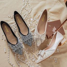 Dress Shoes Women 3cm Low Heels Korean Female Luxury Pearl Pointed Toe High Pumps Lady Elegant Butterfly Knots Sweet Prom