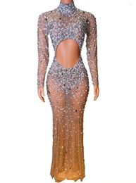 Stage Wear Sparkly Rhinestones Pearls Transparent Hollow Long Dress Evening Birthday Celebrate Costume Prom Party Performance Canlan