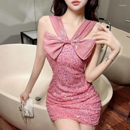 Casual Dresses Fashion Summer Cute Bow Sexy Pink Mini Dress Sleeveless Halter Cold Shoulder Bodycon Party Backless Pencil Slim