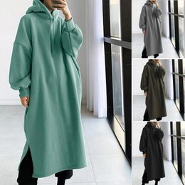 Casual Dresses 2024 Autumn And Winter Solid Colour Large Size Fashion Long Sweatshirt Dress For Women Oversize Loose Split Hoodies