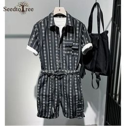 Men's Tracksuits Summer Casual Jumpsuit Printed Safari Style Sets Single Breasted Lapel Short Sleeved Lace Up Shorts Suit