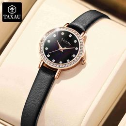 Wristwatches TAXAU Original Diamond Elegant Quartz Watch for Women Leather Strap Luxury Ladies Waterproof Best Selling Lady Wrist d240417
