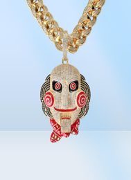 Iced Out Large Size 6ix9ine Mask Doll Pendant Necklace Mouth Can Be Moved Gold Silver Plated Micro Paved Zircon Men Jewelry7840349