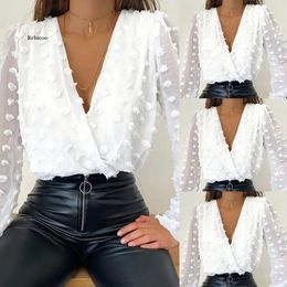 Women Deep V Neck Top White Jacquard Fashion Shirt Female Long Sleeve Chic Shirt Sexy Polka Dot Solid Color Mesh Blouses 240409