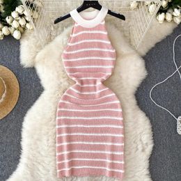 Summer Women Elastic Sexy Halter Dress Sleeveless Slim Off Shoulder Stripe Streetwear Casual Knitting Wrap Dress Bodycon 240415