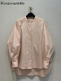 Women's Blouses Kuzuwata Moda Stand Collar Long Sleeve Elegant Slim Fit All-match Loose Simple Shirt Japan Casual Tops
